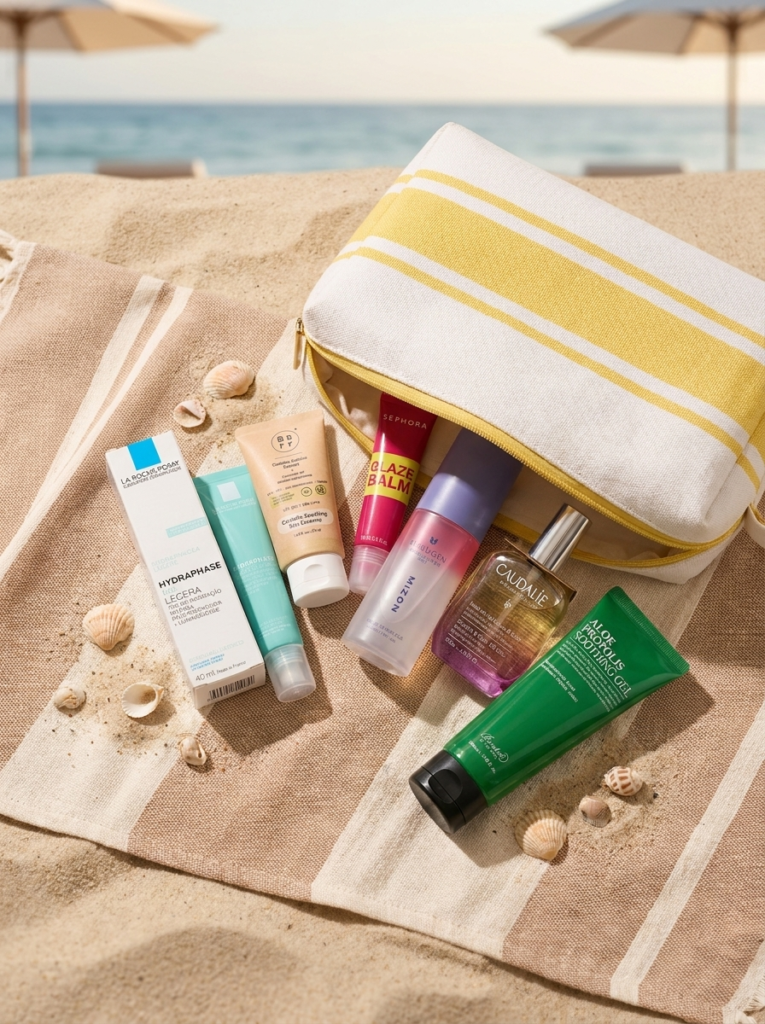 Neceser de playa con protector solar, bruma facial, aftersun y aceite corporal sobre toalla de rayas