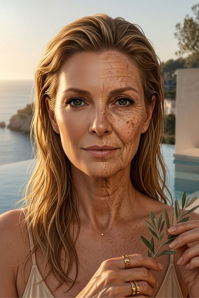 Rostro de mujer dividido mostrando el efecto del fotoenvejecimiento por el sol sin protección