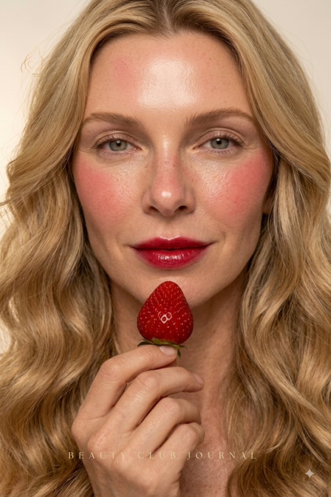 Mujer con maquillaje de fresa, mejillas sonrojadas y labios rosados, look natural